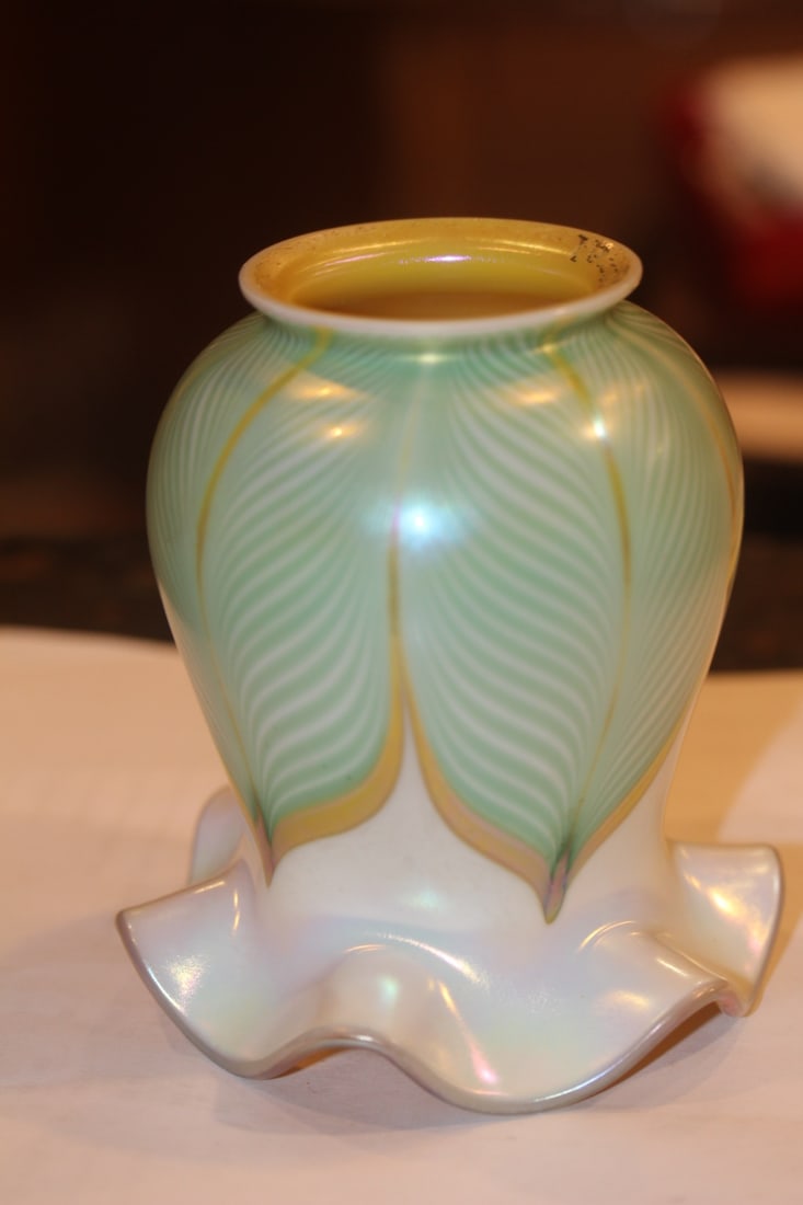 Signed Quezal Lamp Shade: 4 3/4" tall - underneath fitted - inside diameter= 1 3/8"