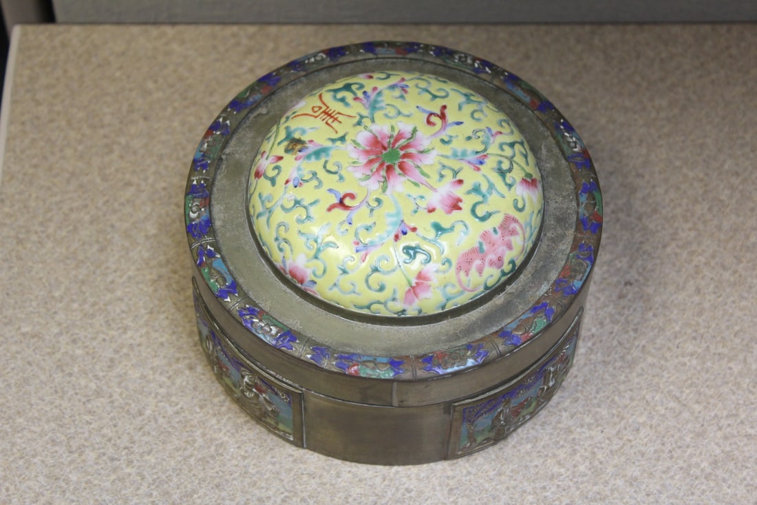 Vintage Chinese Box: enamel and porcelain top box - marked China - 5 1/8" in diameter - probably 1930's