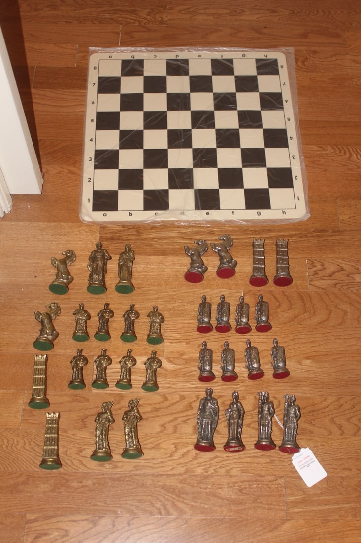 Italian Brass Chess Set: 32 pieces in all - including rubber board - tallest= 5 inches - heavy