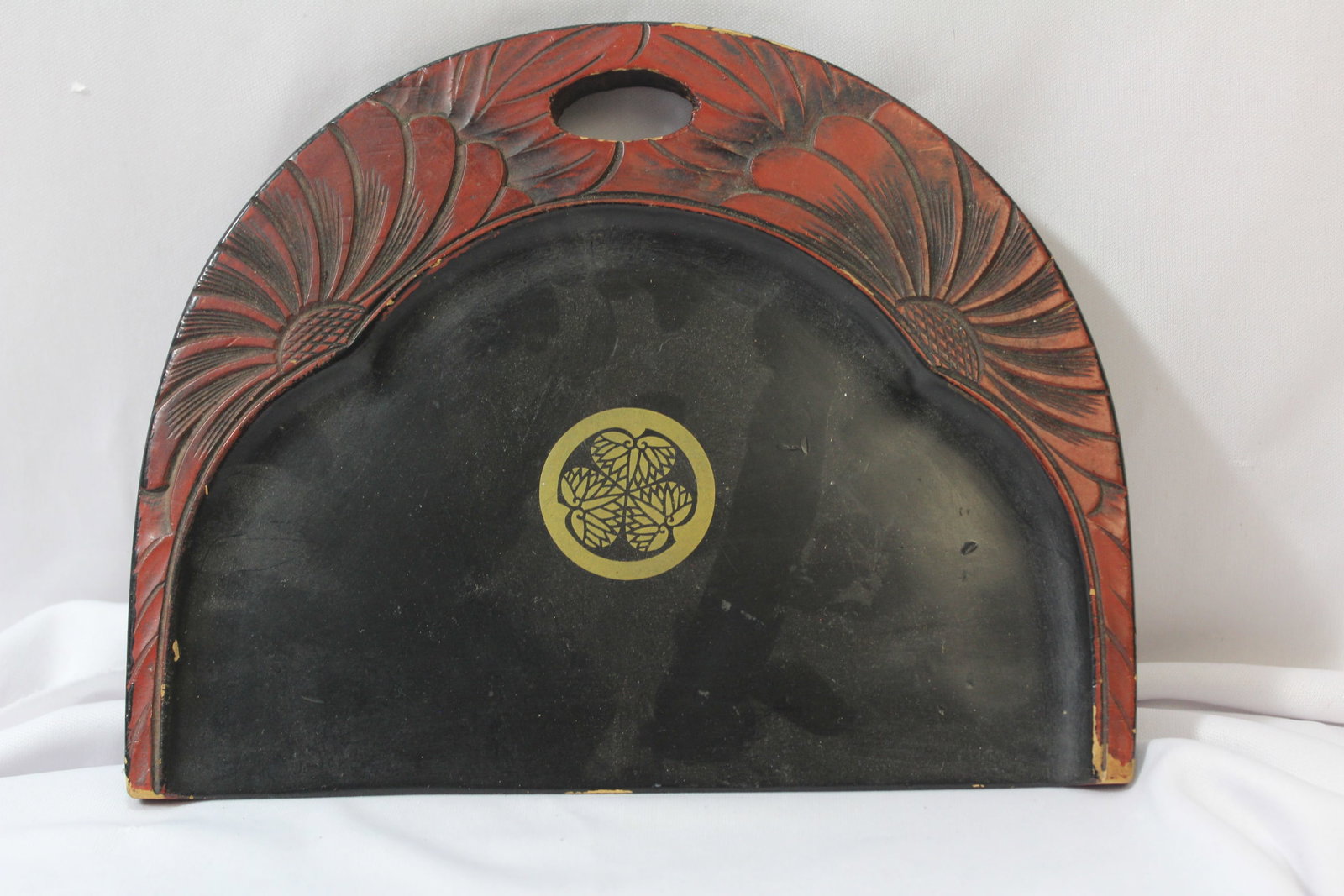 A Japanese Lacquer Crumb Holder: 8 1/4" long - nicely carved - most likely cinnabar on wood