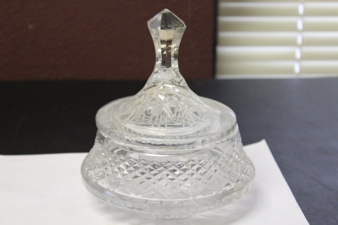 A Cut/Press Glass Cover Jar: 7 inches tall