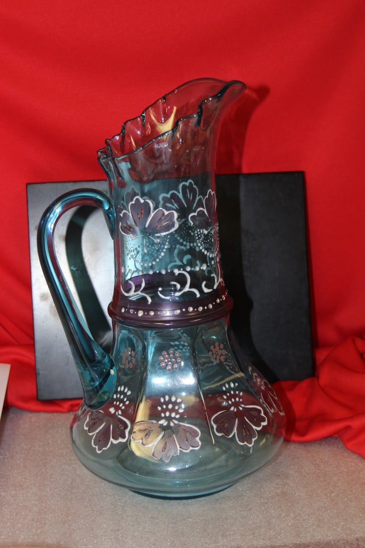 A Moser? Hand Painted Glass Pitcher: 12 1/2" tall