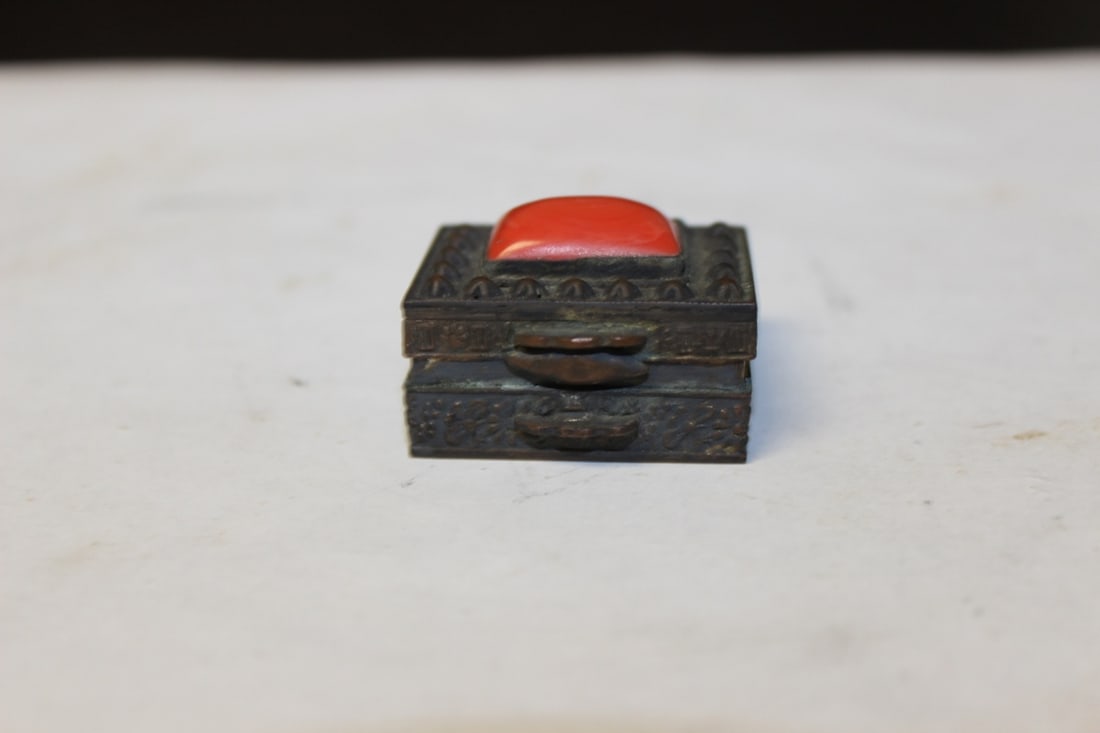 Rare Chinese Coral and Metal Small Trinket Box