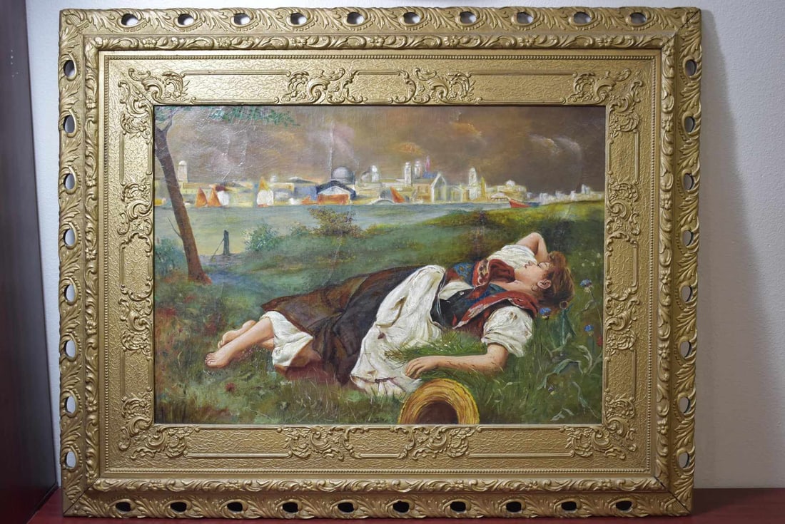An Antique Oil on Canvas of a Sleeping Beauty: 19th century - signed - 31 1/2" x 39 1/4"