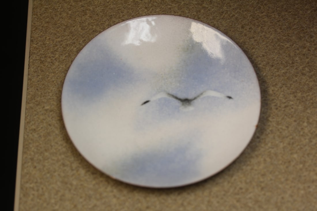 Enamel Seagull Small Dish: signed - please check out images for conditioning - 5" in diameter