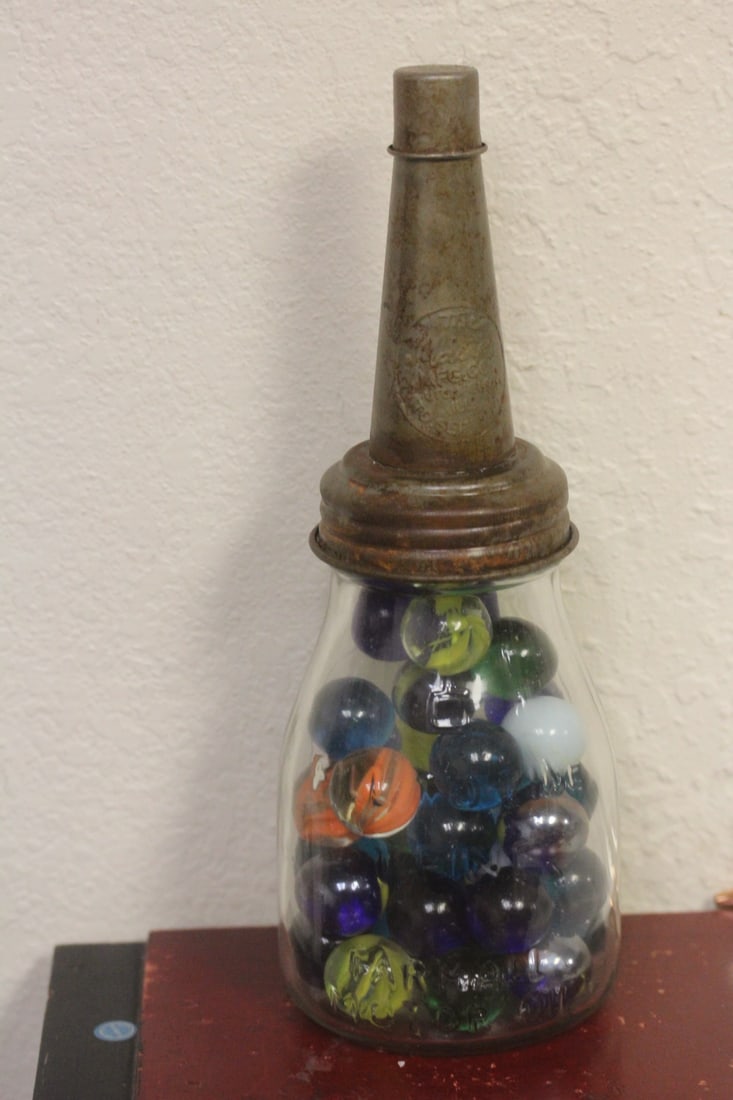 Jar of Larger Marbles: inside an oil can - can= 10 3/4" tall