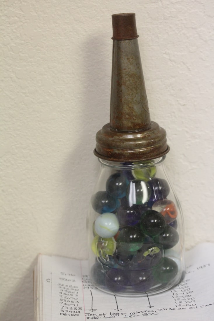 Jar of Larger Marbles: inside an oil can - can= 10 3/4" tall
