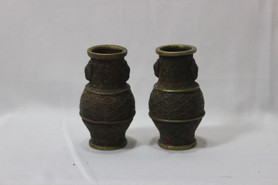 A Pair of Antique Chinese Bronze Miniature Vases: 3 3/8" tall each