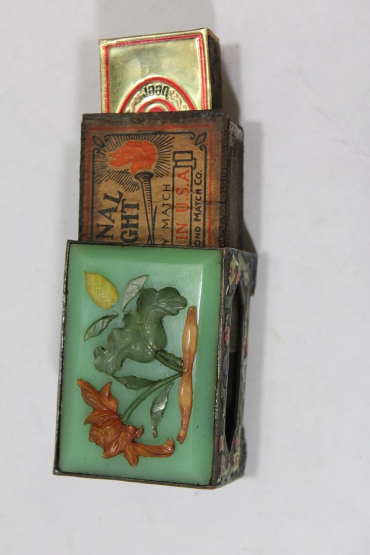 Rare Chinese Peking Glass/Jade Carnelian Match Box: also enamel - 19th century - 2 1/4" across
