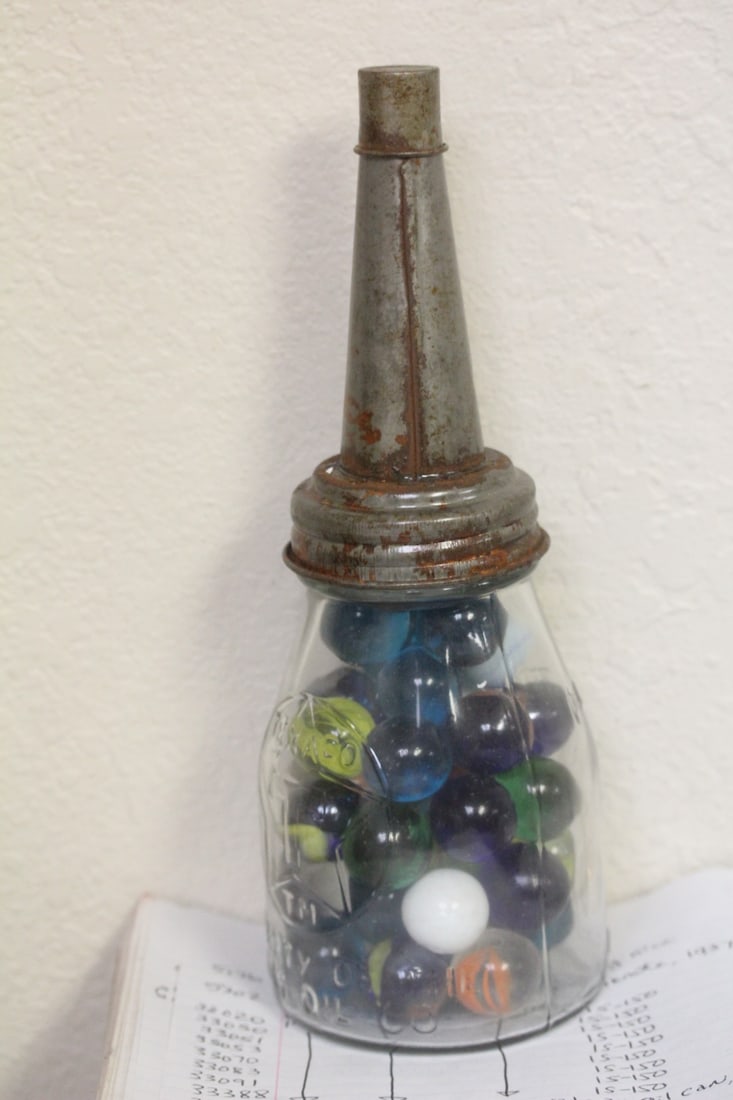 Jar of Larger Marbles: inside an oil can - can= 10 3/4" tall