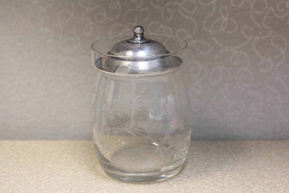 Sterling Lid and Etched Glass Container: 5 inches tall - with lid