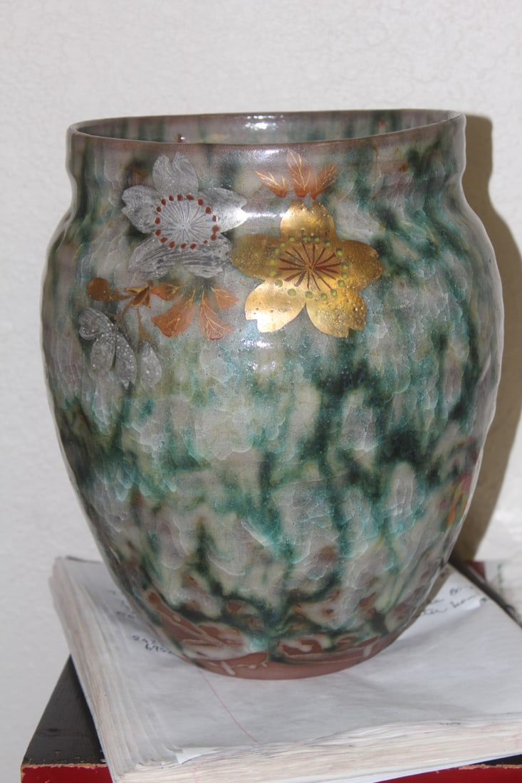 Gold and Silver Overlay Asian Vase: large pottery vase - 10" tall by 7" wide