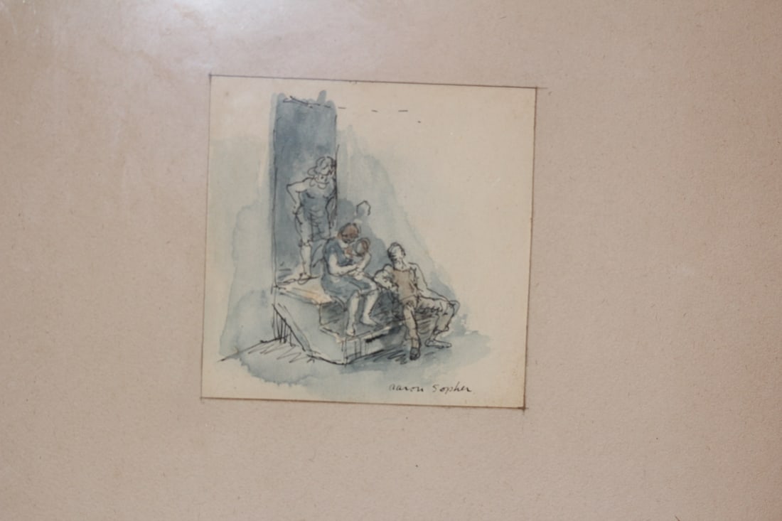Aaron Sopher Watercolour: framed - overall= 11 1/4" x 10 3/4" - sight= 3 1/2" x 3 3/8" - title family