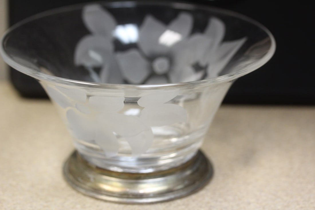Sterling Rim Etched Bowl: 5 7/8" in diameter