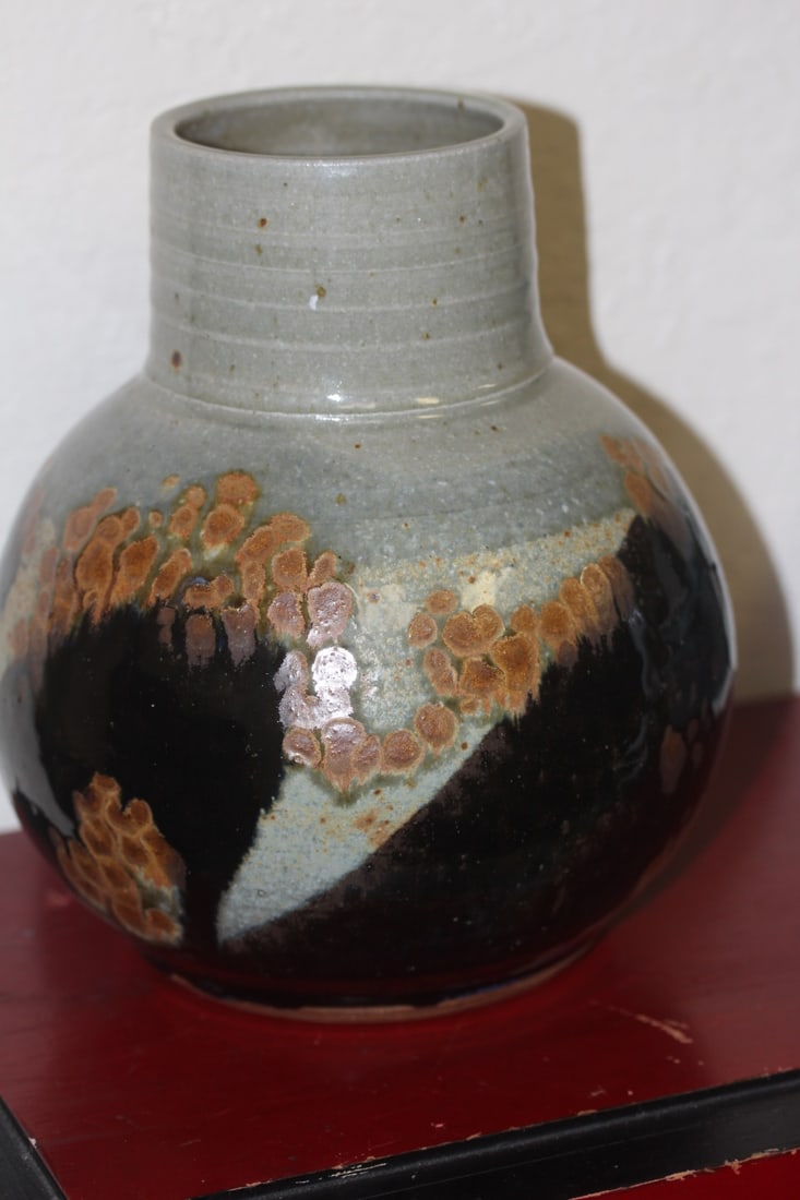 Signed Art Pottery Bottle: artist unknown - 9 inches tall