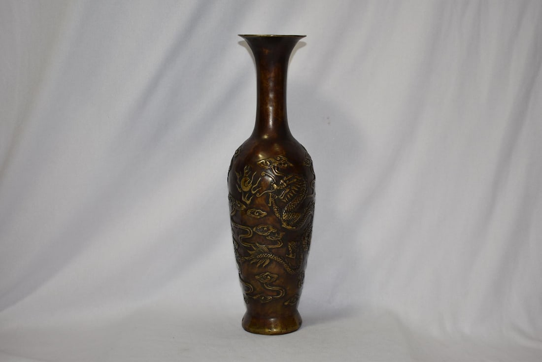 A Signed Antique Chinese Bronze Vase: with dragon and phoenix - 11 1/4" tall