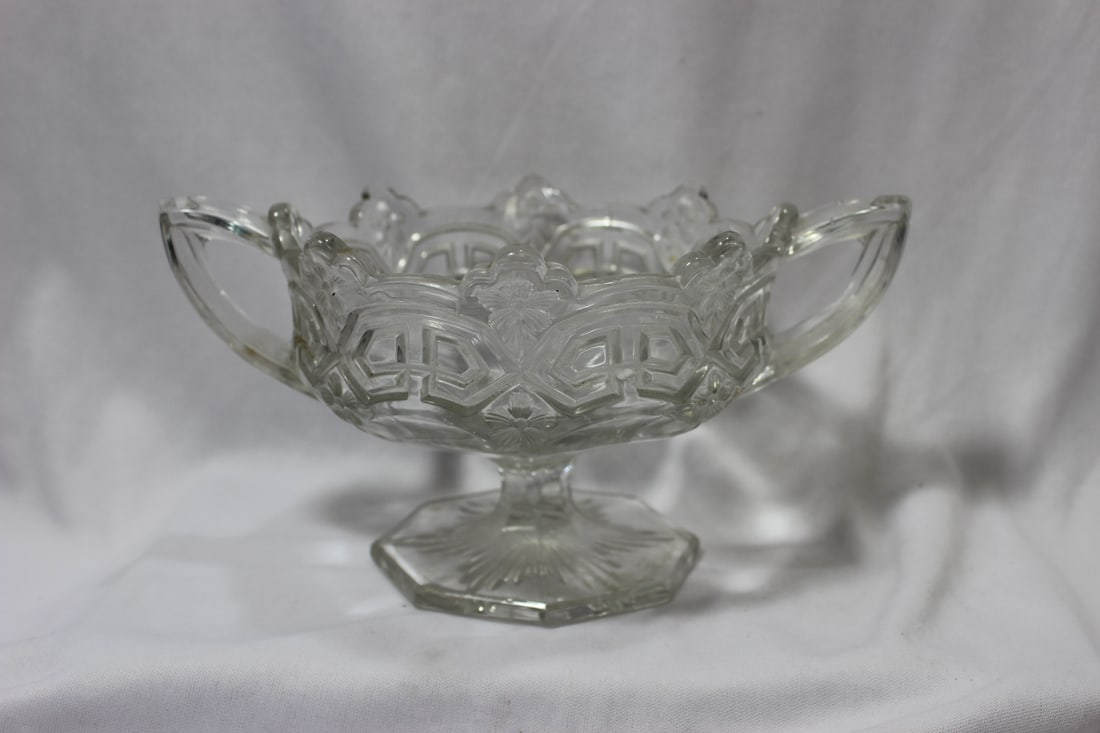 A Pressed Glass Two Handle Stem Bowl: good design - measurement from handle to handle= 8 1/2"