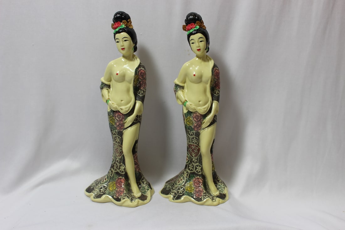 Pair of Beautiful Chinese Resin Seminude Figurines: 10 1/8" tall each