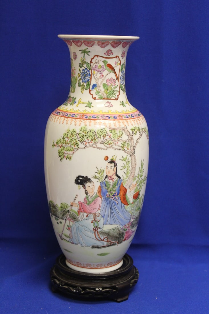 A Signed Chinese Vase: hand painted - with stand - 12 1/2" tall without the stand