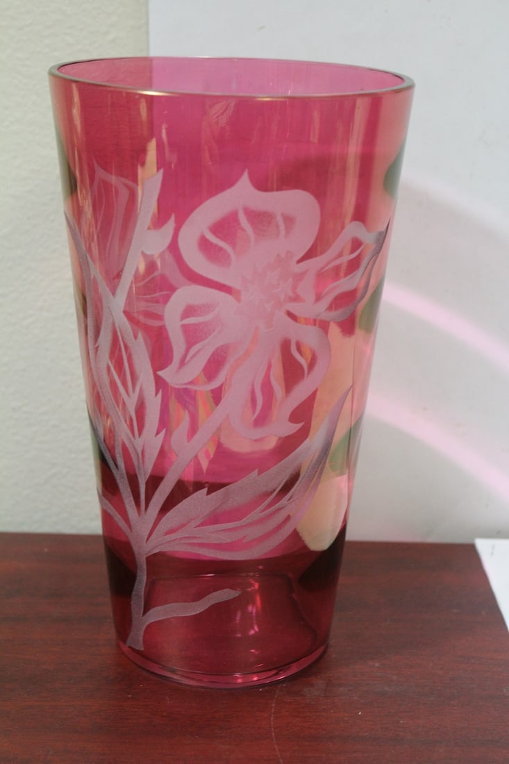 An Etched Cranberry Vase: 10" tall