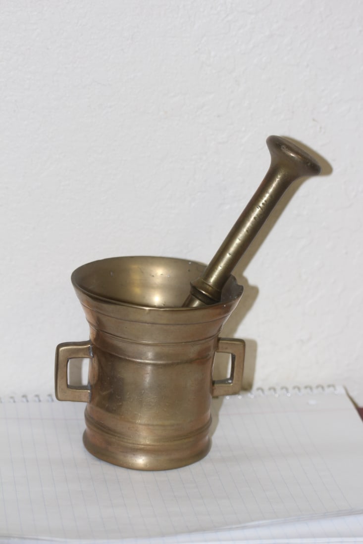 Antique Bronze Mortar and Pestle: most likely German - 19th century - bronze - mortar= 4 1/4" tall and pestle= 8 3/4" long - heavy
