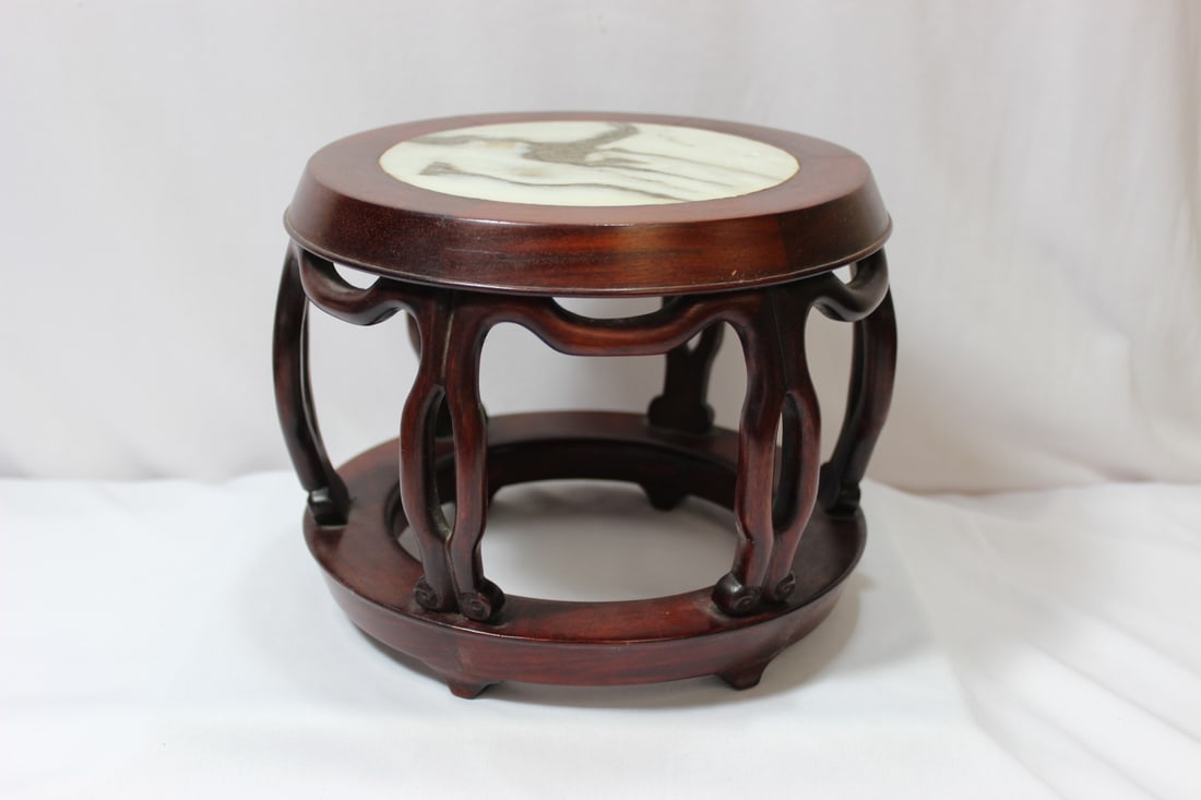 An Antique/Vintage Chinese Stand: Marble and rosewood - 6 5/8" tall