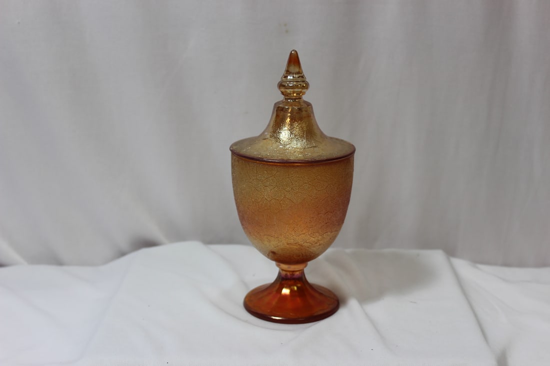 A Carnival Glass Compote: with lid - 8" tall