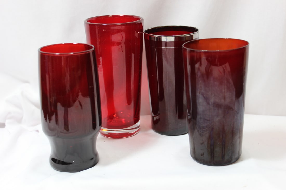 Lot of Four Ruby Red Glass Tumblers: tallest= 6 1/4" tall