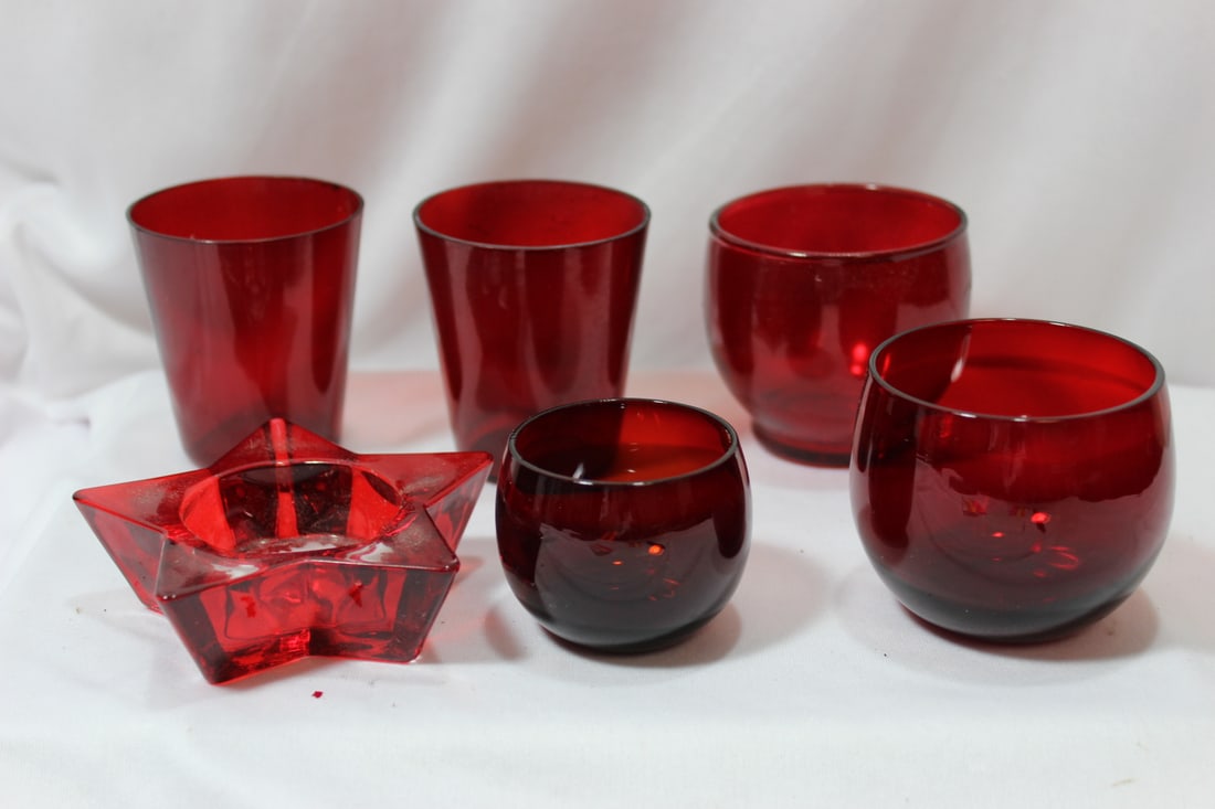 Lot of 6 Ruby Red Glass Articles: salt containers, shot glasses etc - tallest= 2 3/4" tall