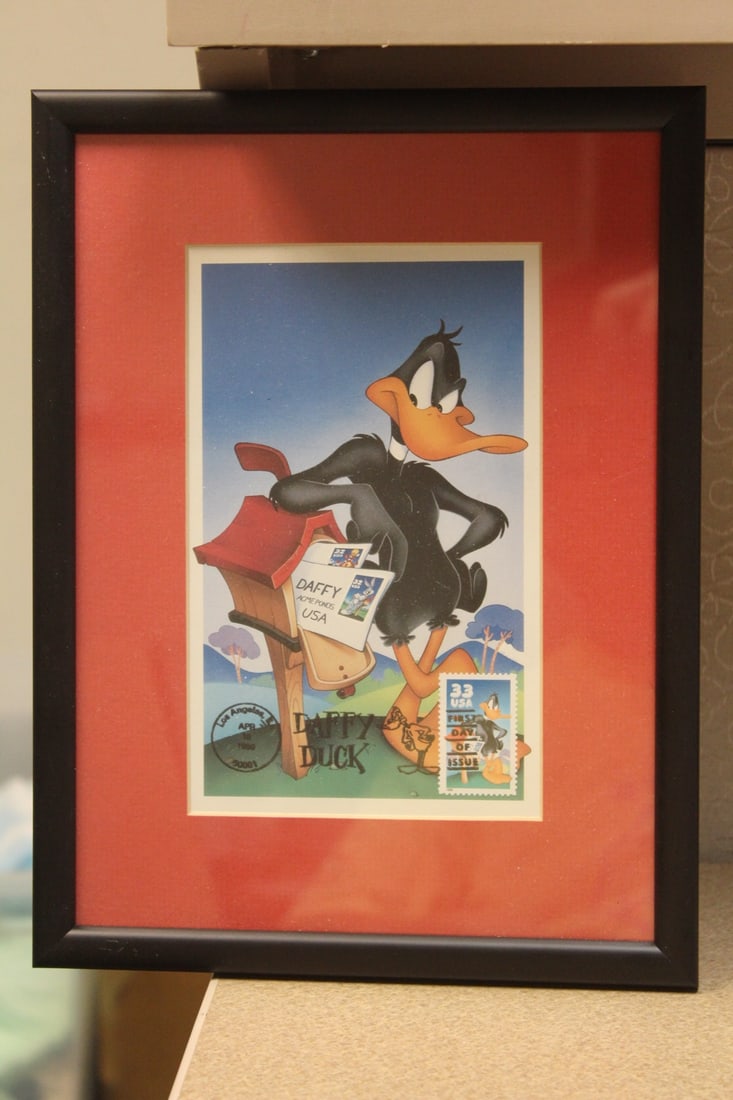 Framed Duffy Duck First Day of Issue and Stamp: overall= 11 3/8" x 8 5/8"