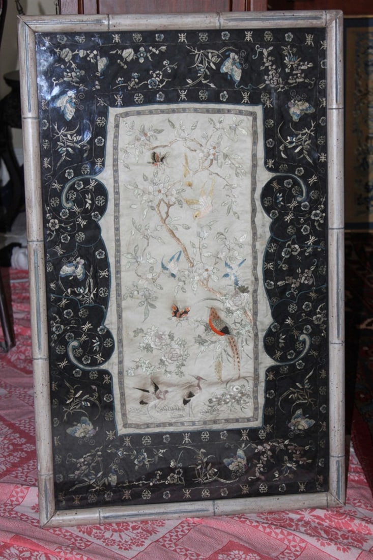 Antique Chinese Golden Silk Framed Textile: 19th Century - 30 3/4" x 18 1/2" overall. Nicely detailed.
