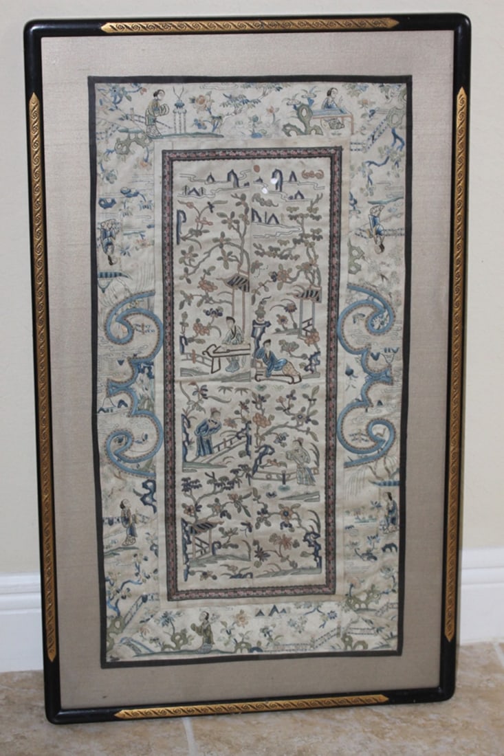 Antique Chinese Golden Silk Framed Textile: 19th Century - 33 3/4" x 19 1/2" overall. Nicely detailed. Sight size 14" x 27".