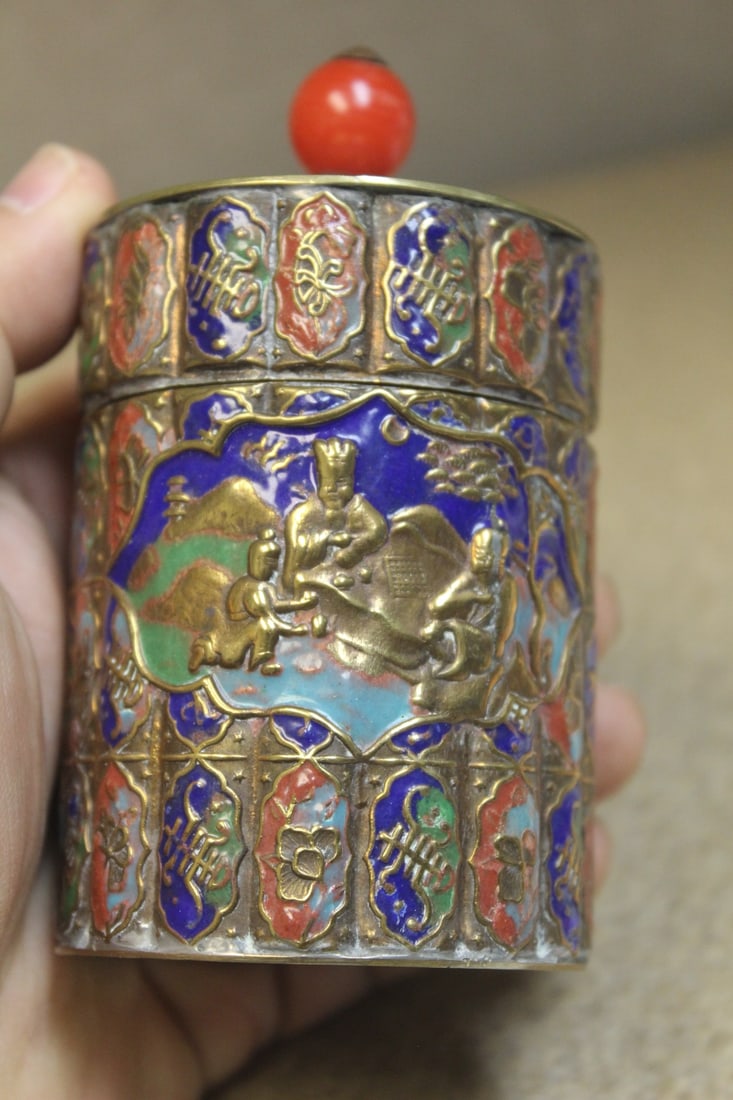 Antique Chinese Enamel Box: enamel on bronze or brass - Peking glass finial - 4 1/4" tall