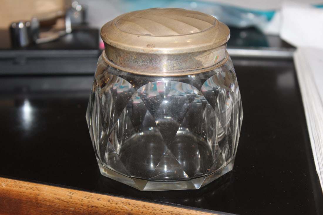 Sterling Silver Lid Cut Glass jar: facet cut - 4" tall