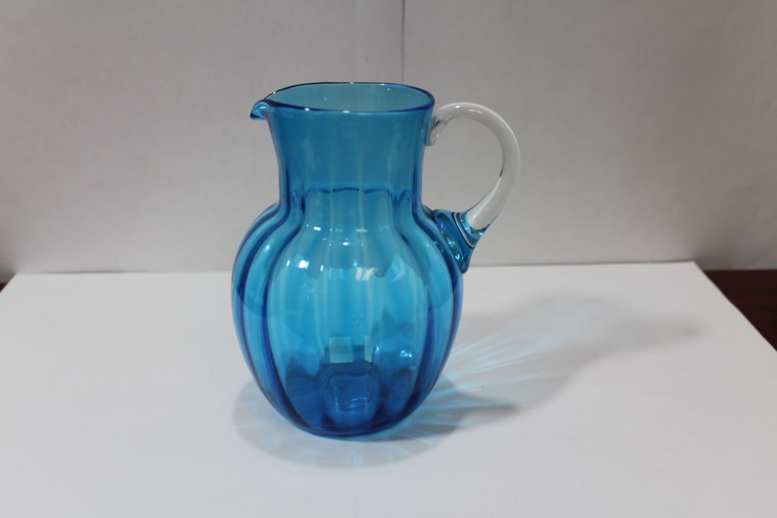 A Teal Glass Small Pitcher: handblown - 5 3/4" tall