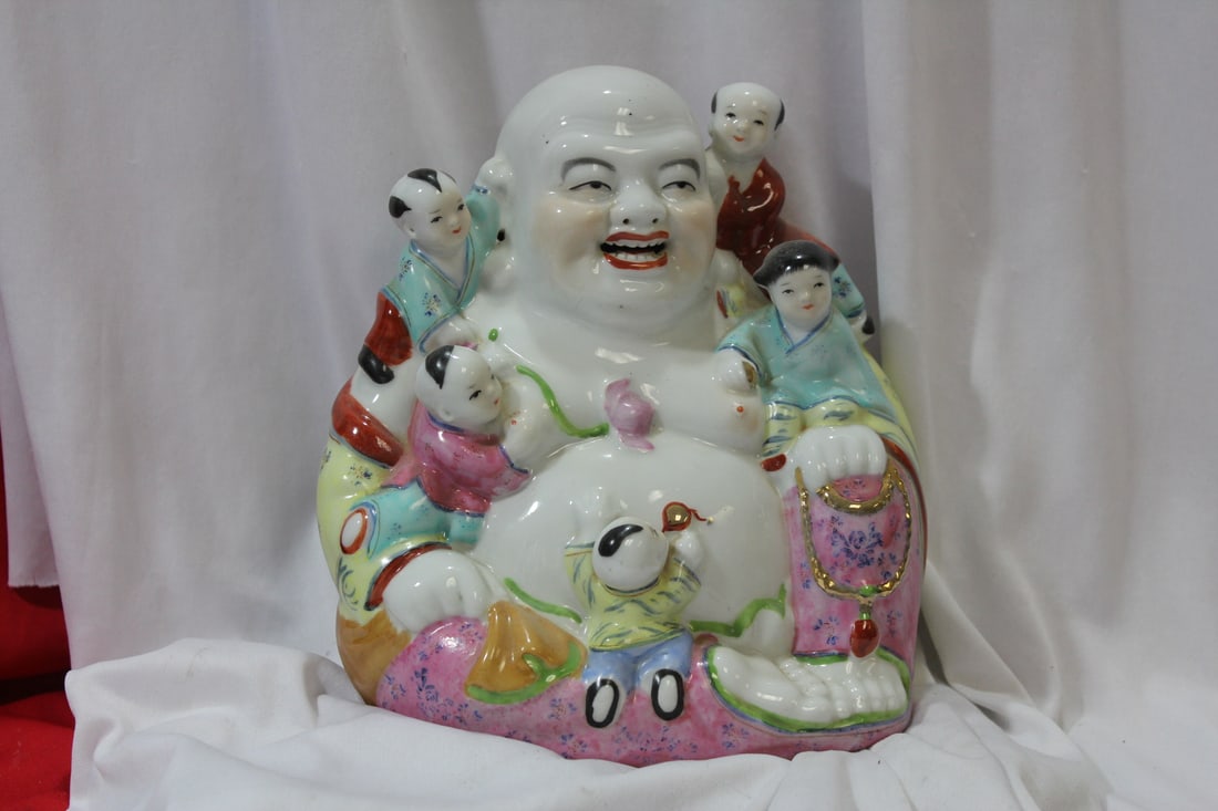 A Vintage Porcelain Buddha with Children: 9 1/4" tall x 8" wide - most likely republic period