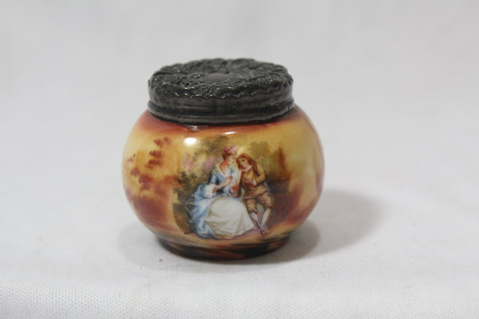 A Handpainted Sterling Top Porcelain Trinket Box