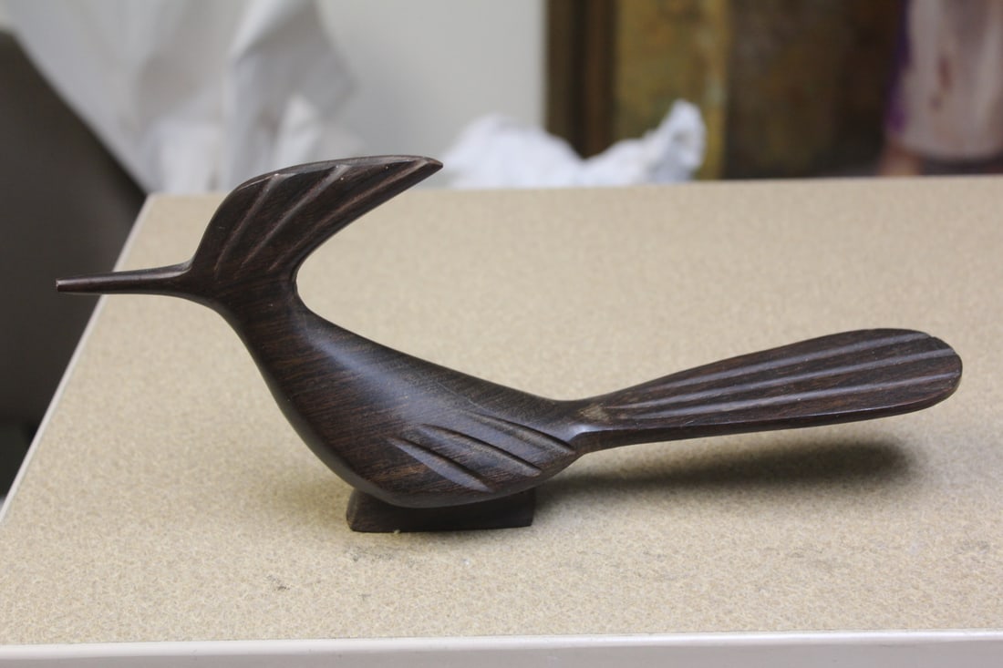 Exotic Wood Carved Bird: all from one piece of wood - 11 inches across