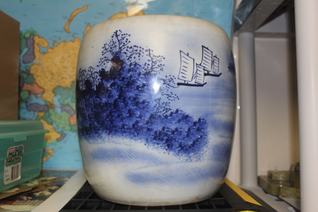 Old Chinese Blue and White Planter: please note: hairlines as shown - 10 3/4" tall by 9" wide