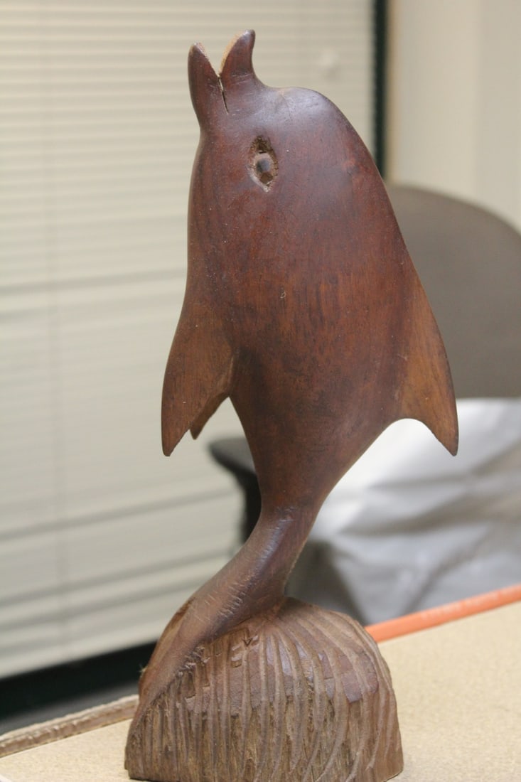Carved Wooden Dolphin: from a single piece of wood - 13" tall