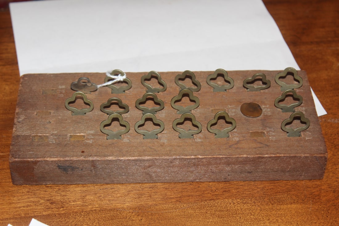 Vintage or Antique Safety Deposit Box Keys: with wood holder - total of 17 keys