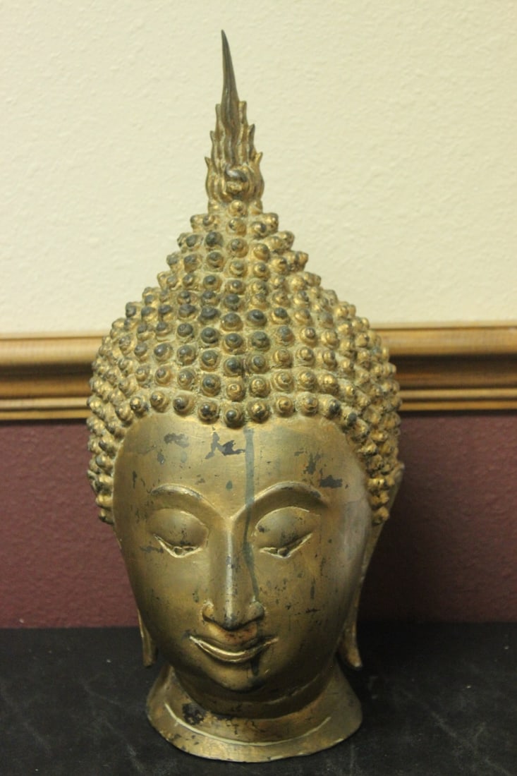 An Antique/Vintage Gold Buddha Head: Possibly Thailand - Gold guilted? - 16" tall - heavy - bronze or other metal