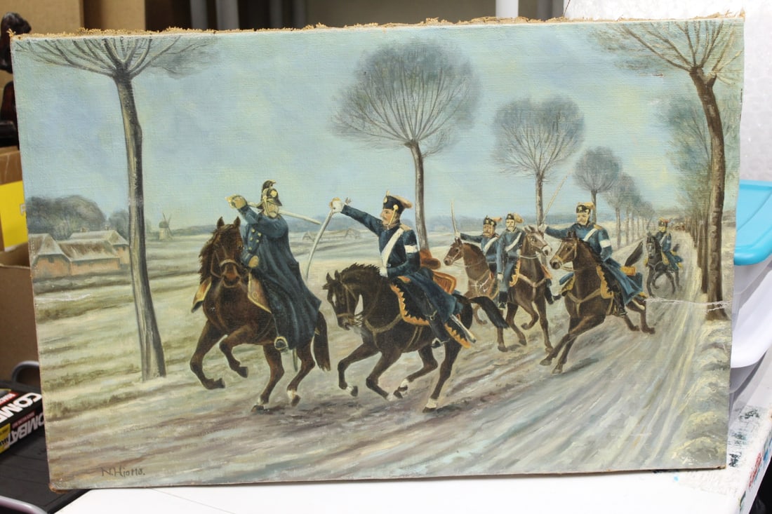 A Signed Oil on Canvas Painting: unframed - I do not know who the artist is - painting can use a little TLC - 34 3/8" x 22 5/8"