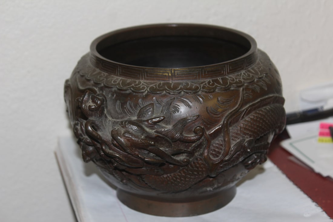 Antique Japanese Dagon Bronze Planter: embossed design - 3 dimentional - 5 3/4" tall and approximately 8" wide