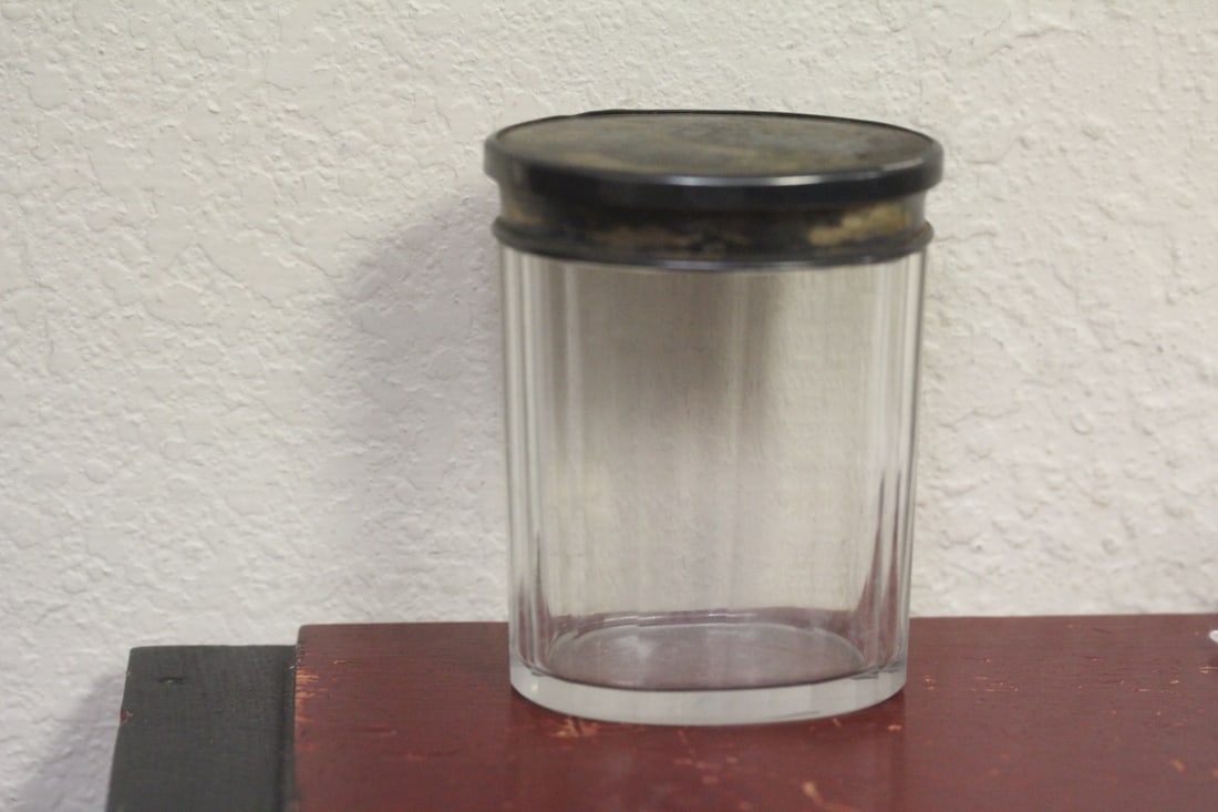 Antique Silver Top Glass Container: please note: minor roughness, not noticeable when lid is on - tested as high grade silver - 3 1/2" tall