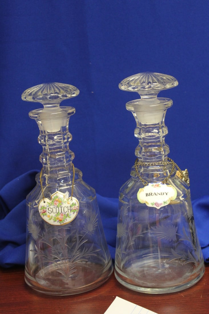 Lot of Two Etched Decanters: one Scotch, one Brandy - 11 1/4" tall each