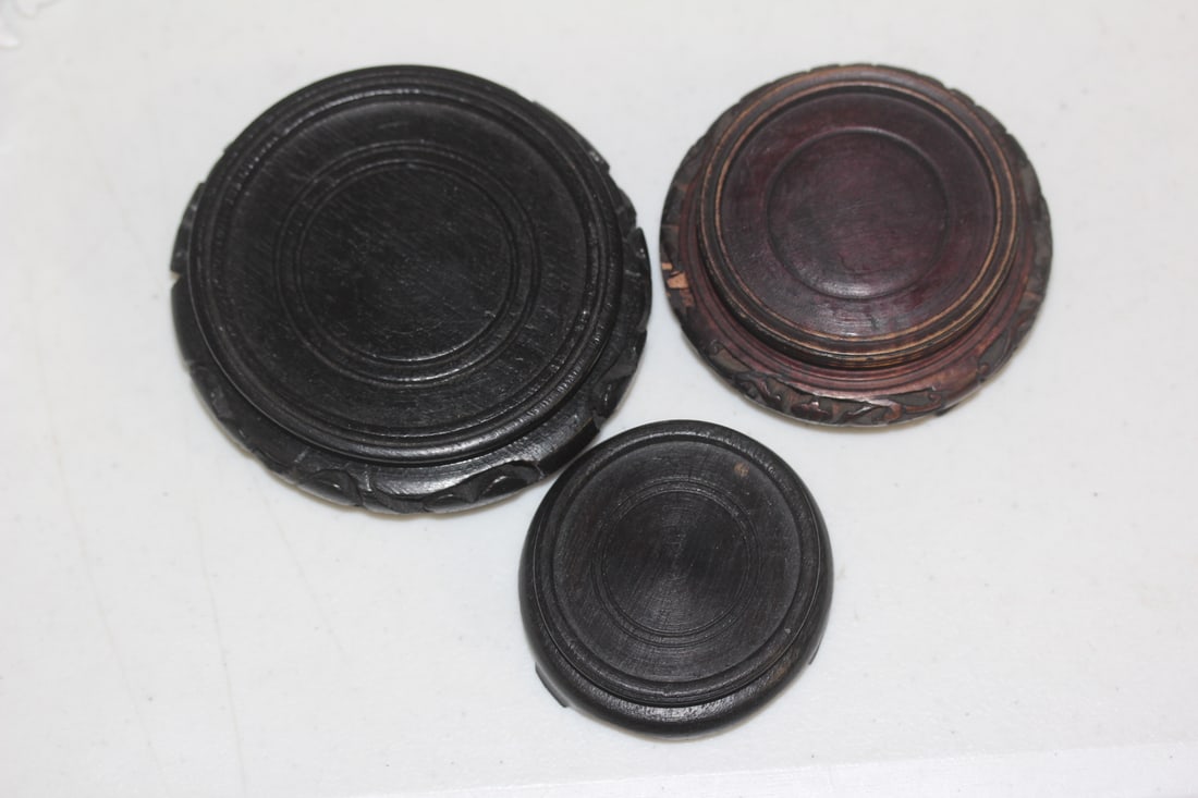Lot of 3 Vintage Chinese Wooden Vase Stands: please note: minor losses as shown - largest= 2 7/8" inside diameter