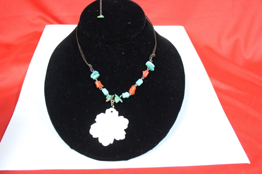 A Coral - Torquoise - Mother of Pearl Necklace: as shown
