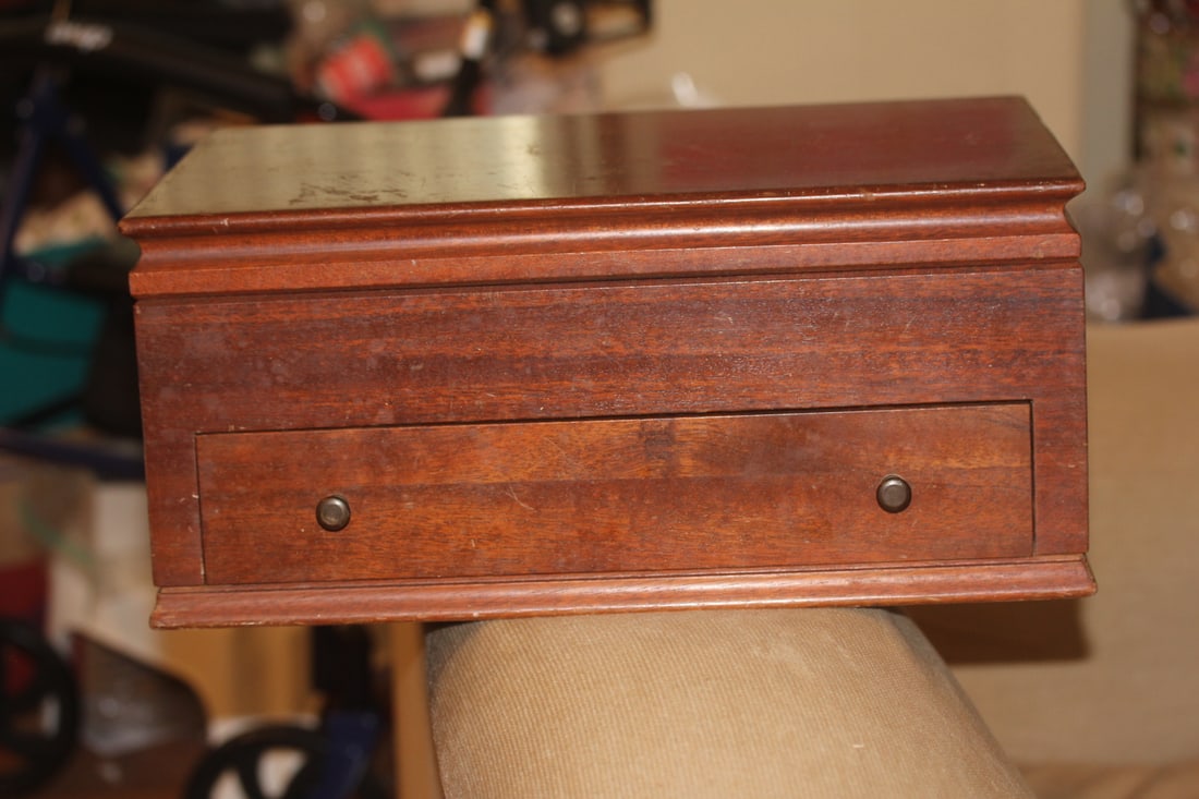 Silver Utensil Chest: 17" x 12 1/4" x 7 3/4" - wood construction - please note: some wear as shown