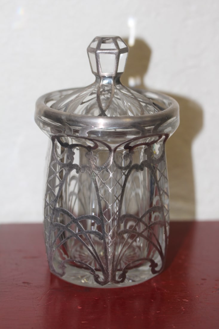 Sterling Silver Overlay Glass Jar: 5 3/4" tall